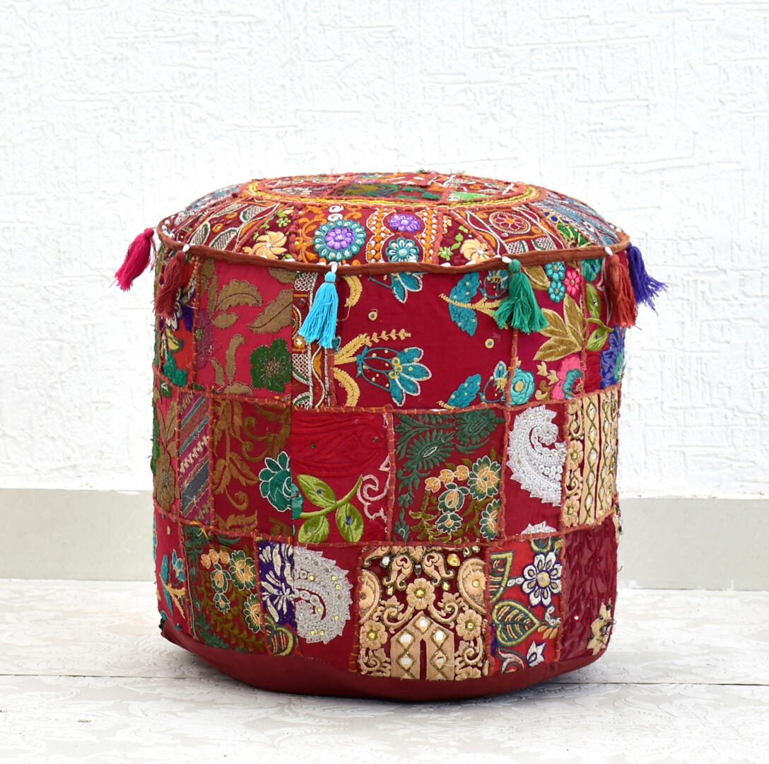 Cotton Gwen Pouffe/Ottoman Khambadiya Patchwork - Red - Image 4